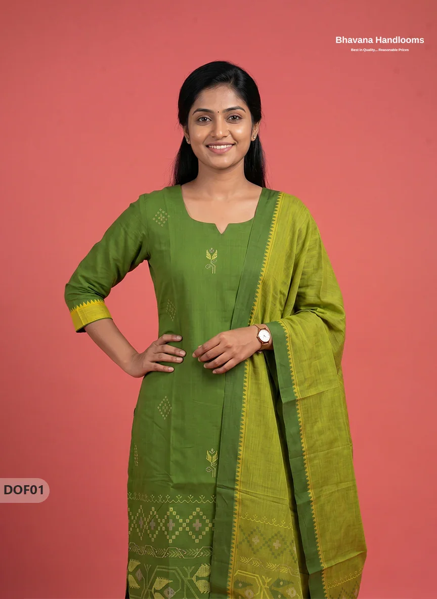 Mangalagiri Handloom Printed Cotton Kurti Set Green Colour with Elastic Bottom | Ready-to-Wear Ethnic Wear