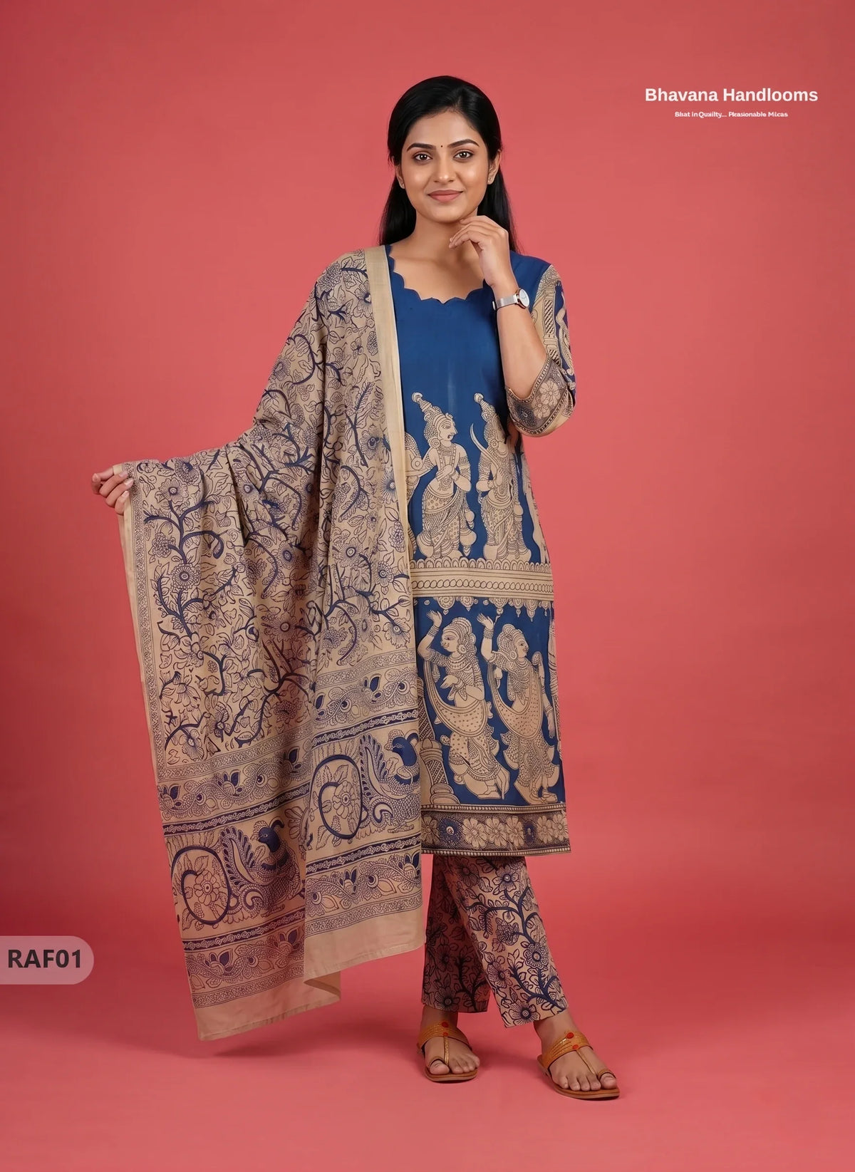 Premium Kalamkari Ramayanam Design 3PC Kurti Set with Elastic Bottom | Blue Ethnic Wear