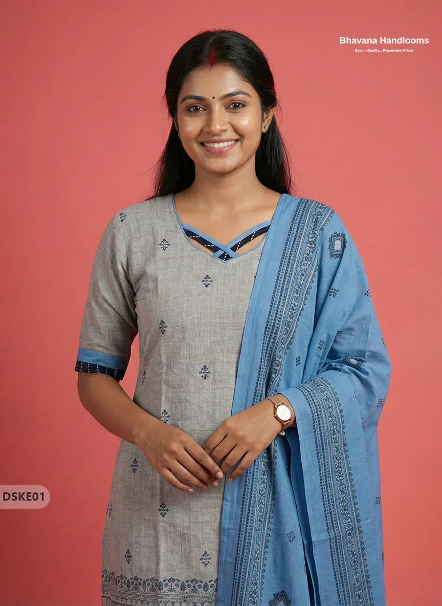 Stylish Grey Sky Blue Designer Kurti Set | 3Pc Ready-to-Wear Outfit
