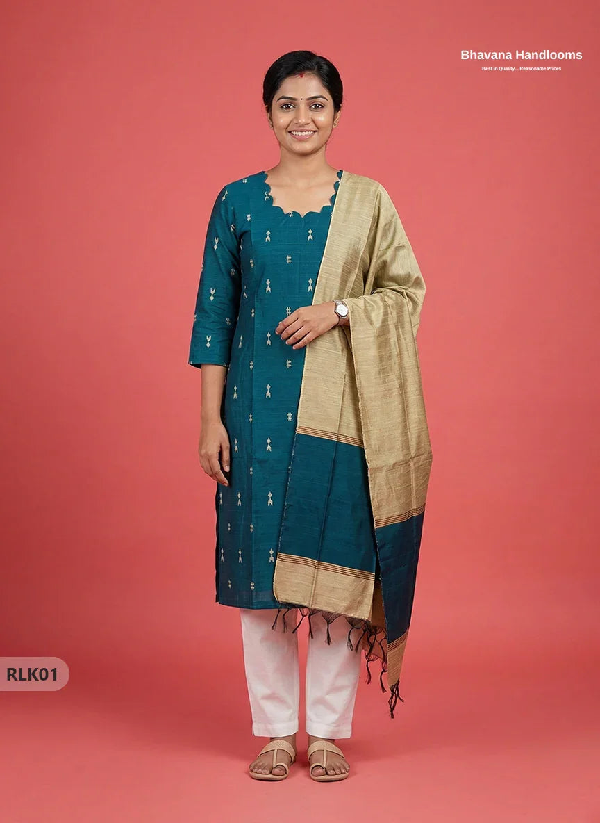 Raw Silk 2PC Set in Dark Green Colour | Top & Dupatta Only Ethnic Wear