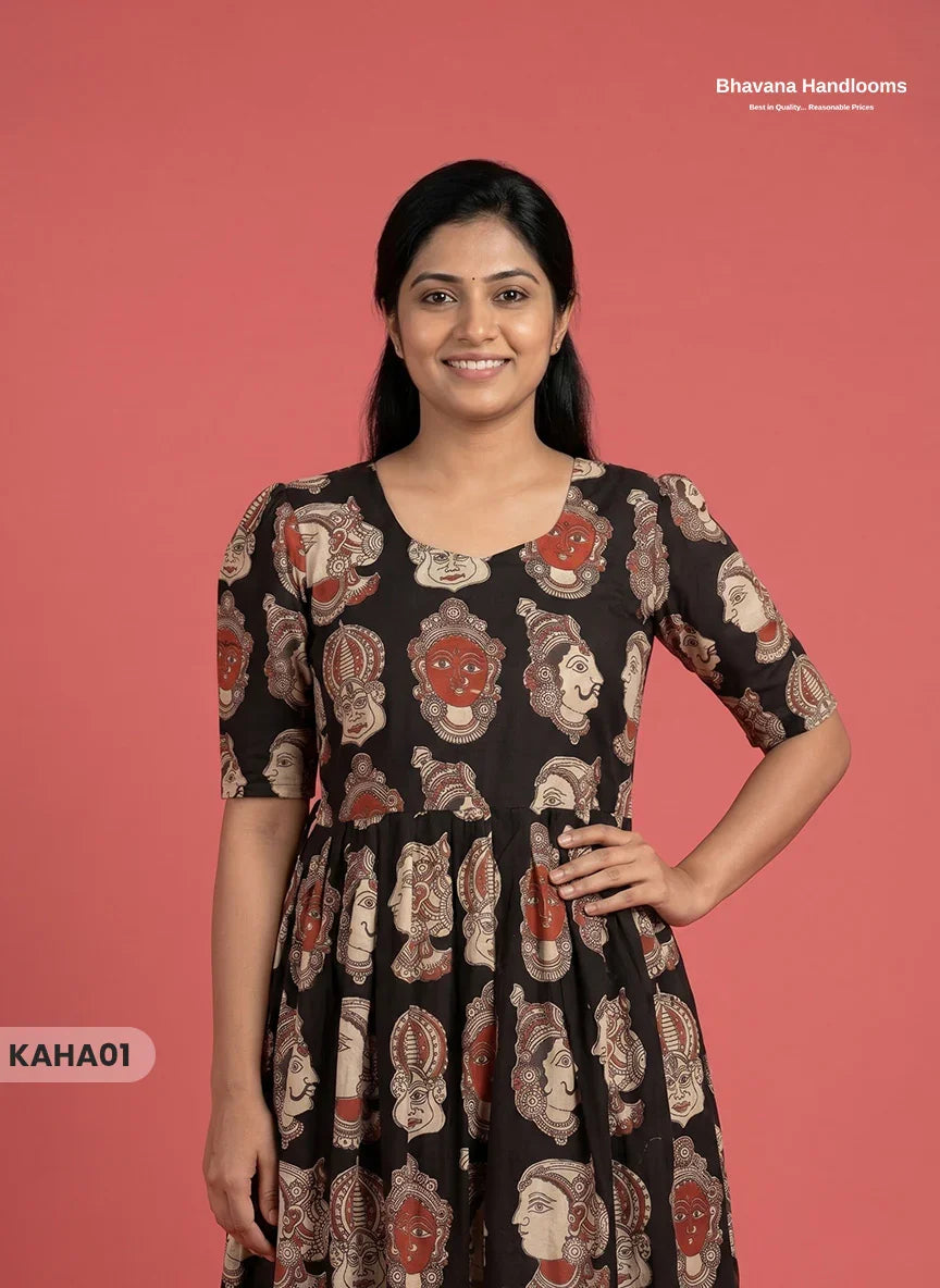 Kathakali Design Kalamkari Frock – Black Colour with Half Lining