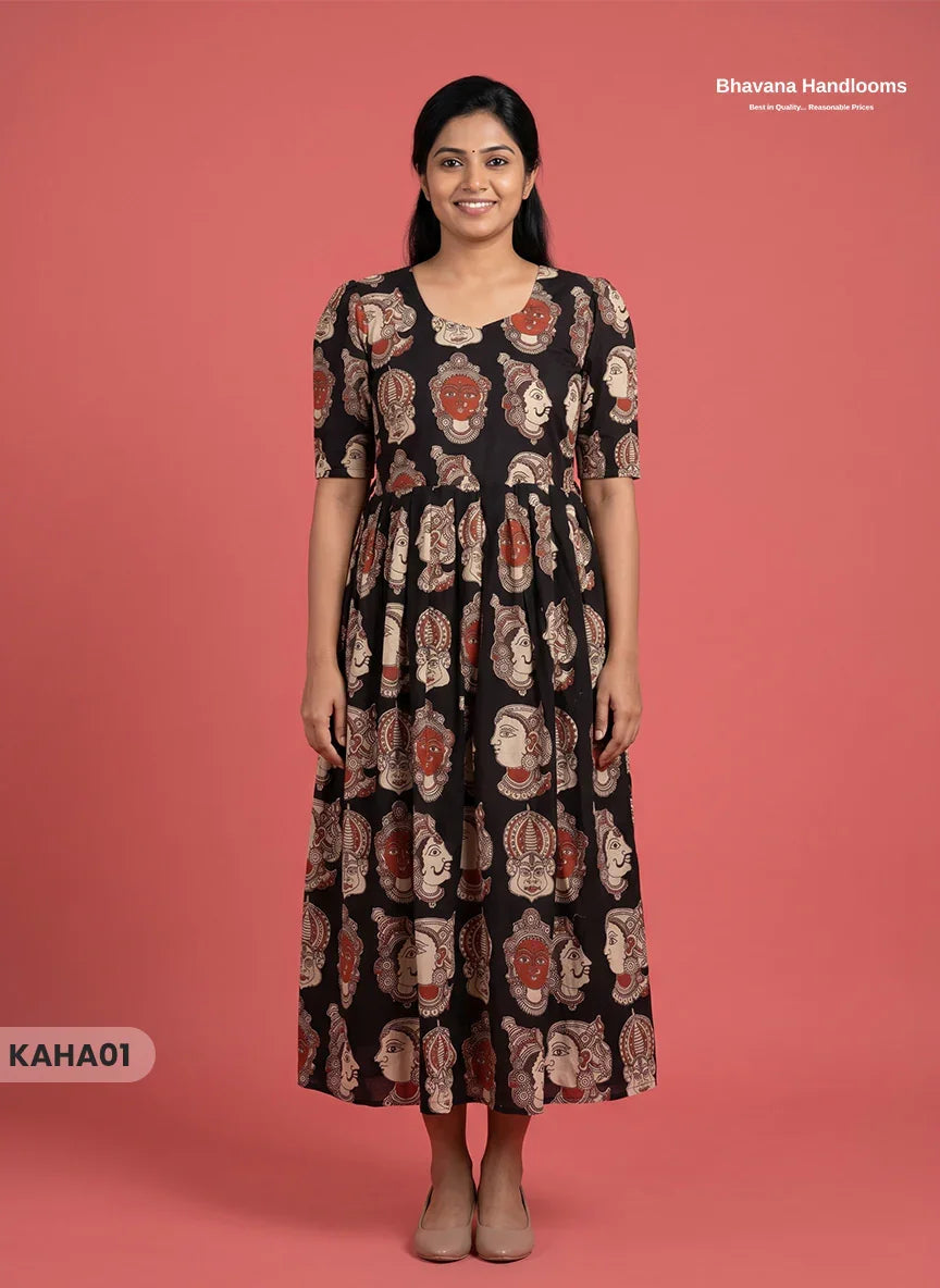 Kathakali Design Kalamkari Frock – Black Colour with Half Lining