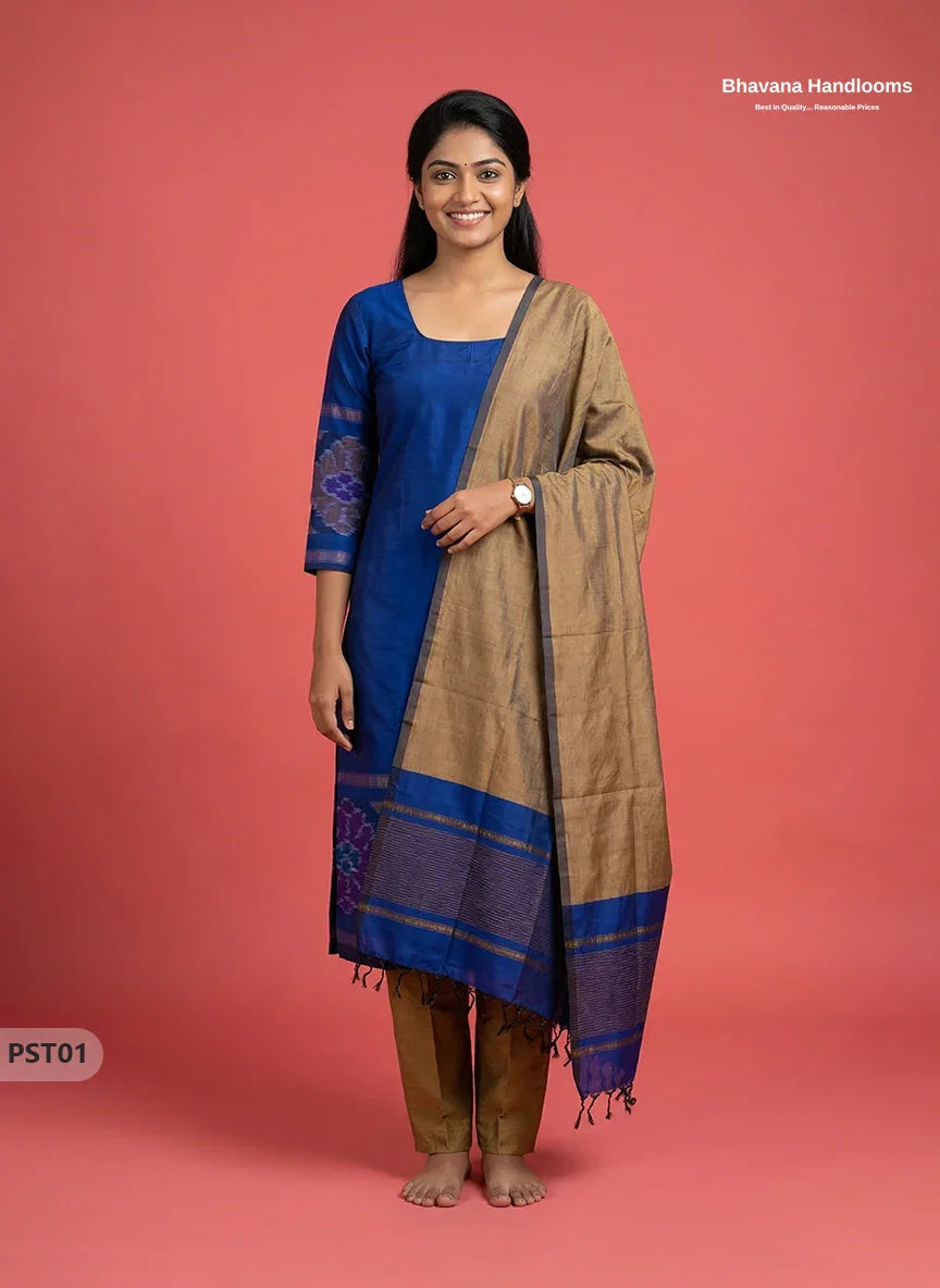Pochampally Semi Pattu 3PC Kurti Set in Blue Colour | Ready-to-Wear Ethnic Wear