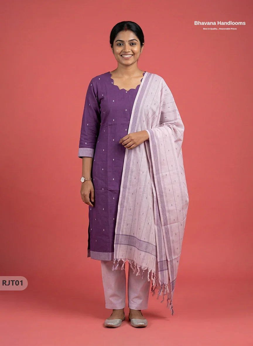 Premium Handloom Woveen 3PC Kurti Set with Handloom Dupatta | Lavender Colour Ethnic Wear
