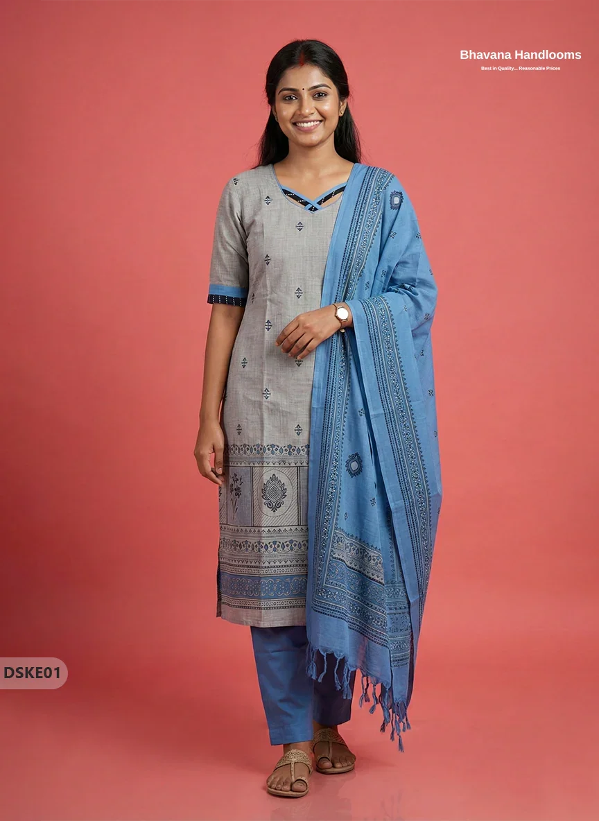 Stylish Grey Sky Blue Designer Kurti Set | 3Pc Ready-to-Wear Outfit