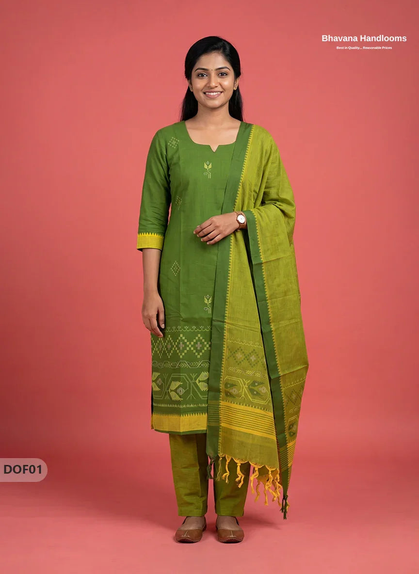 Mangalagiri Handloom Printed Cotton Kurti Set Green Colour with Elastic Bottom | Ready-to-Wear Ethnic Wear