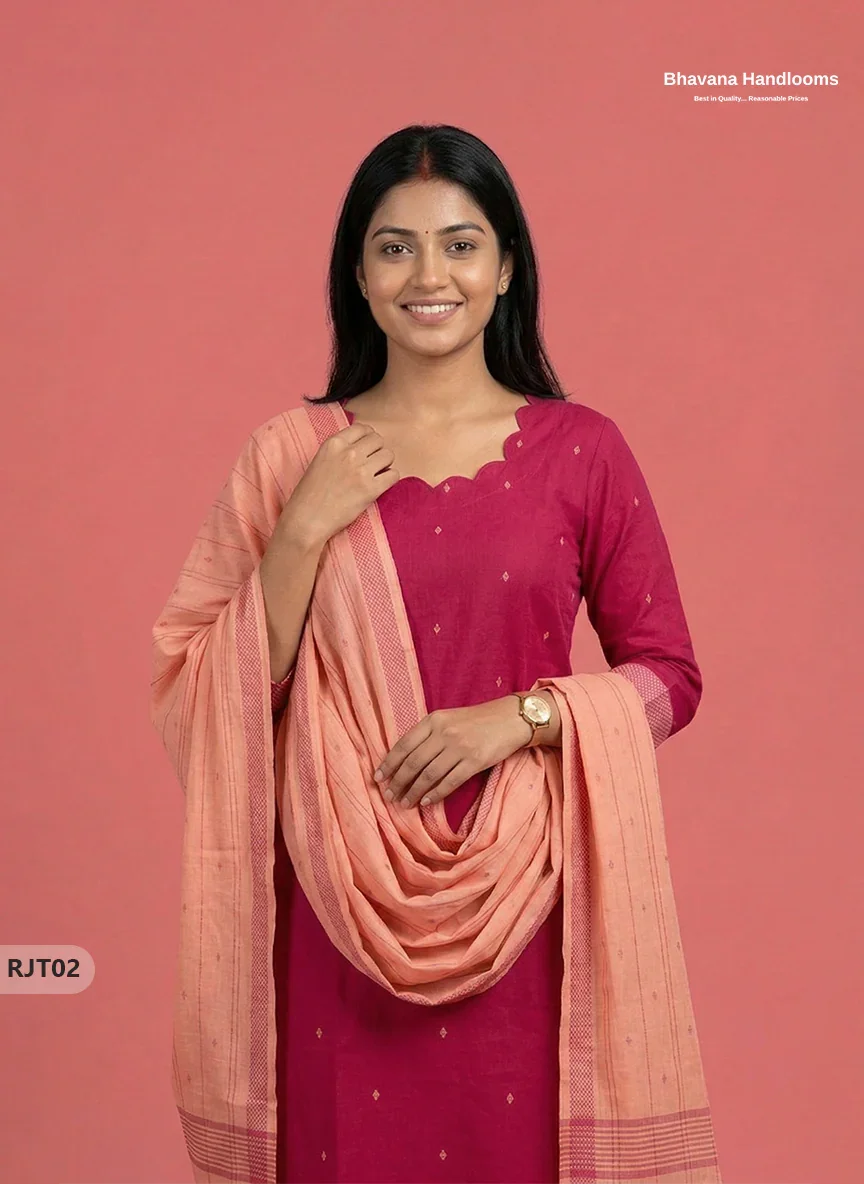 Premium Handloom Woveen 3PC Kurti Set with Handloom Dupatta | Pink Colour Ethnic Wear
