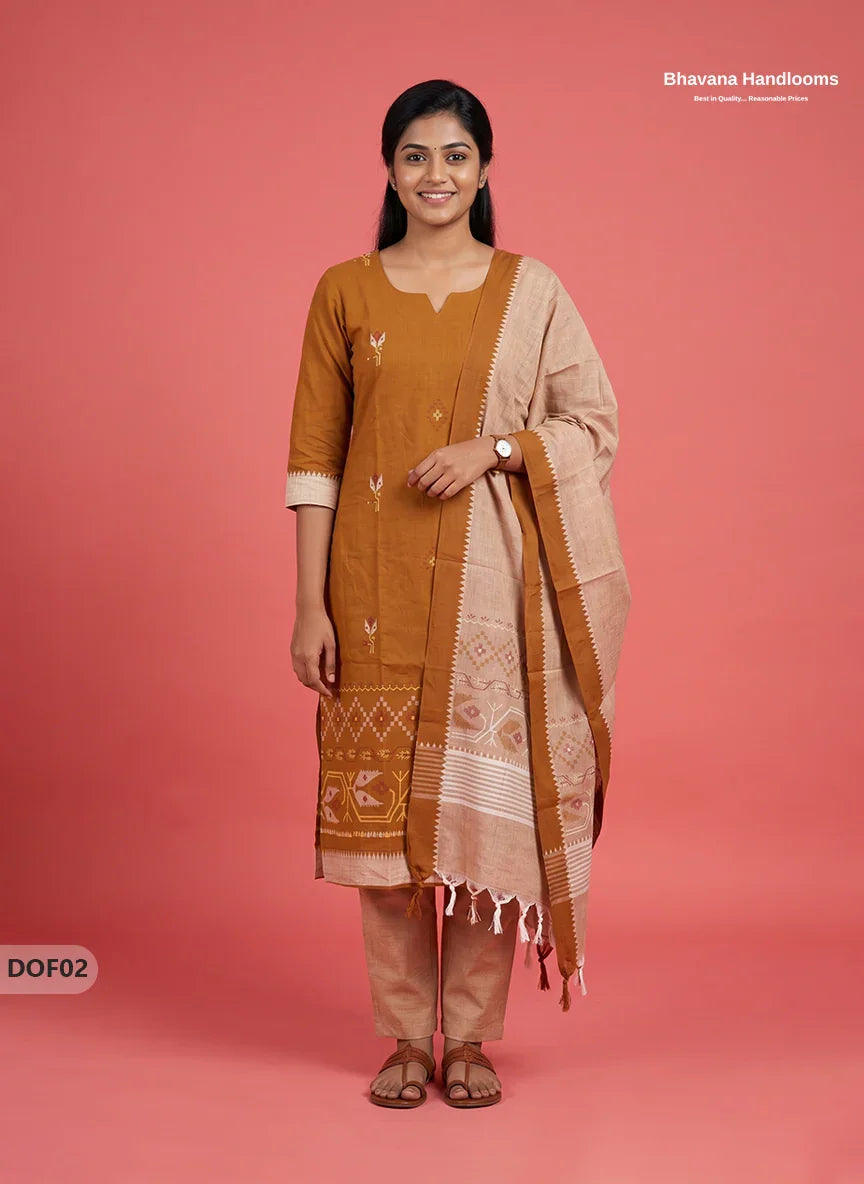 Mangalagiri Handloom Printed Cotton Kurti Set Orange Colour with Elastic Bottom | Ready-to-Wear Ethnic Wear