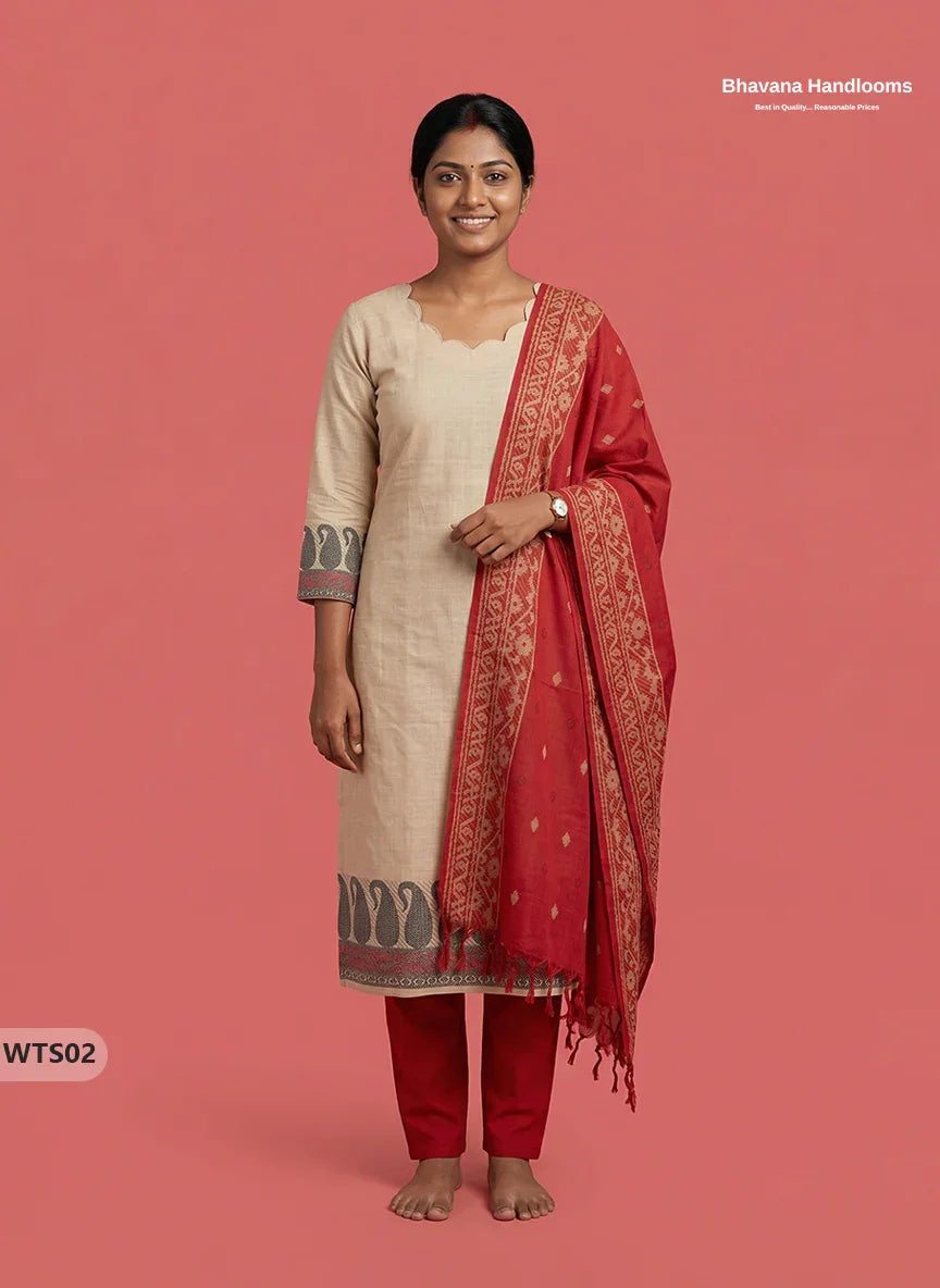 Stylish Handloom Jacquard 3PC Kurti Set with Printed Dupatta & Half White Kurti
