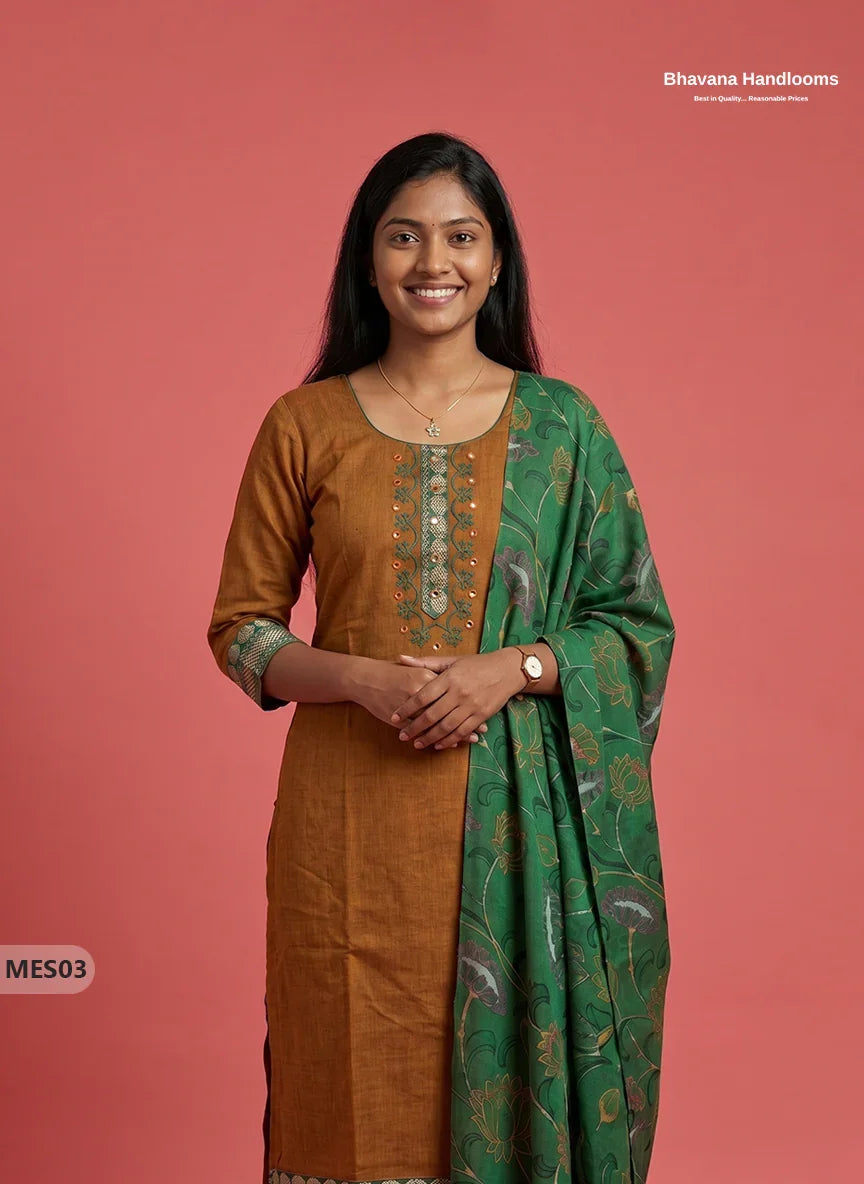 Premium Mangalagiri Kurti Set with Embroidery Design, Threads Bottom & Printed Dupatta – Ochre Earth Colour