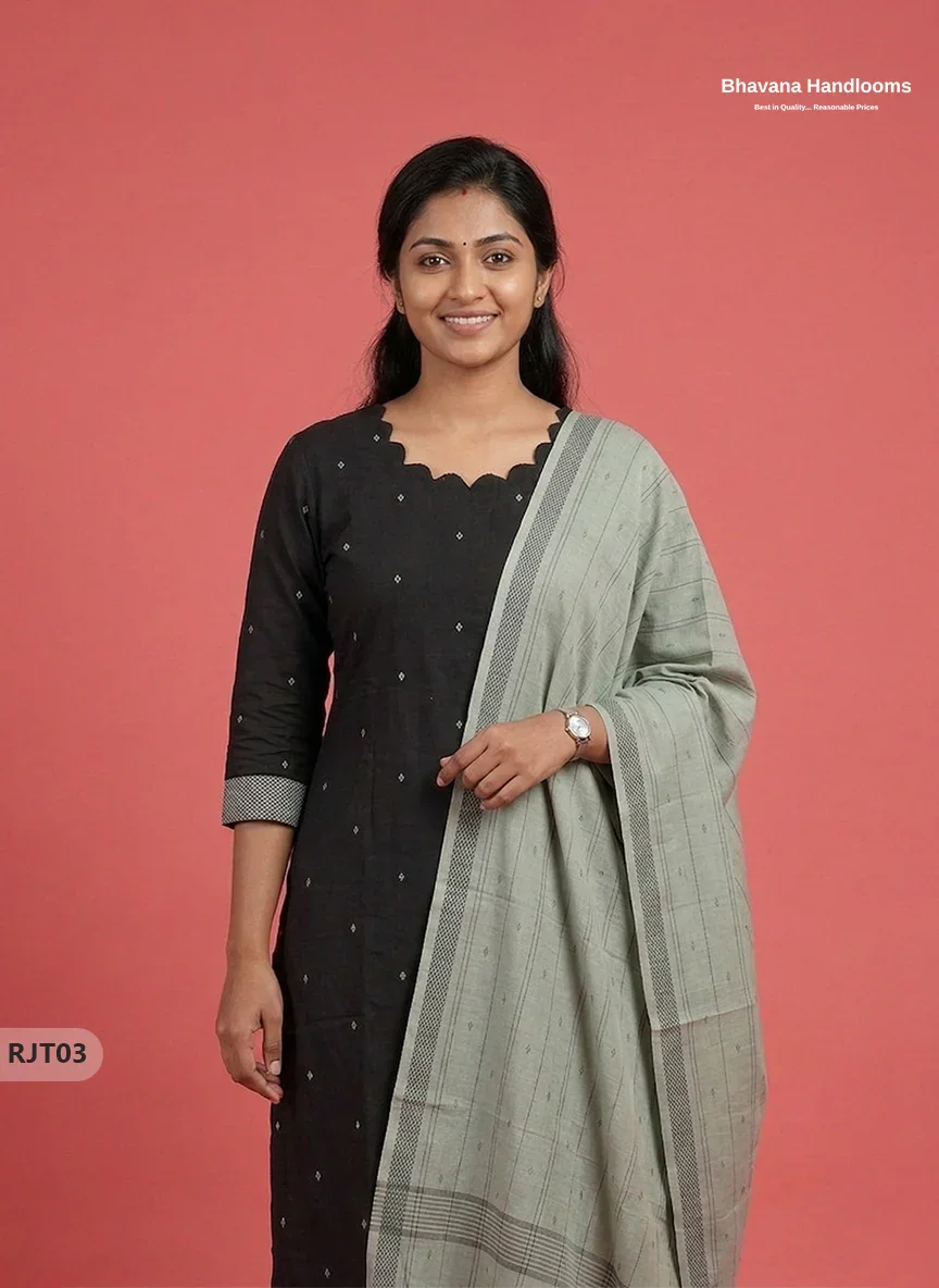Premium Handloom Woveen 3PC Kurti Set with Handloom Dupatta | Black Colour Ethnic Wear