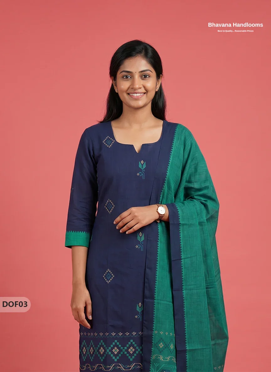 Mangalagiri Handloom Printed Cotton Kurti Set Navy Blue Colour with Elastic Bottom | Ready-to-Wear Ethnic Wear