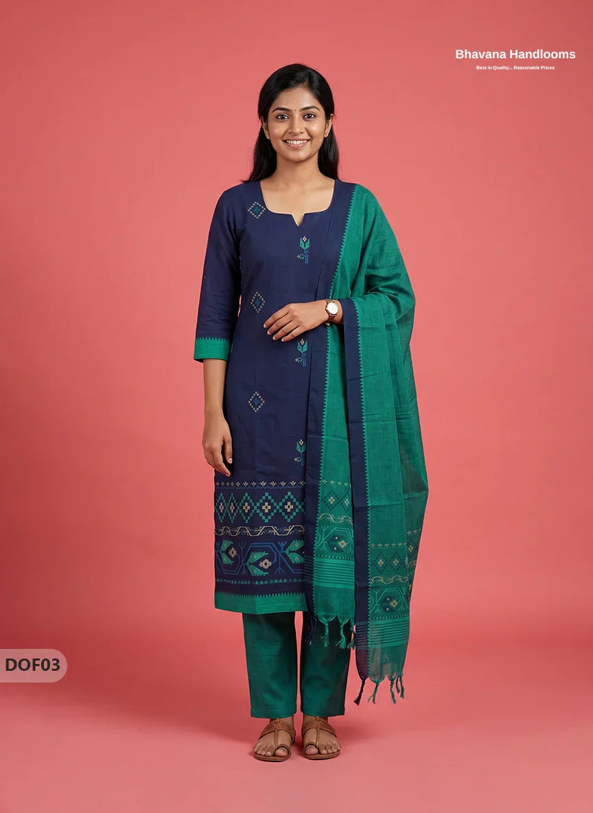 Mangalagiri Handloom Printed Cotton Kurti Set Navy Blue Colour with Elastic Bottom | Ready-to-Wear Ethnic Wear