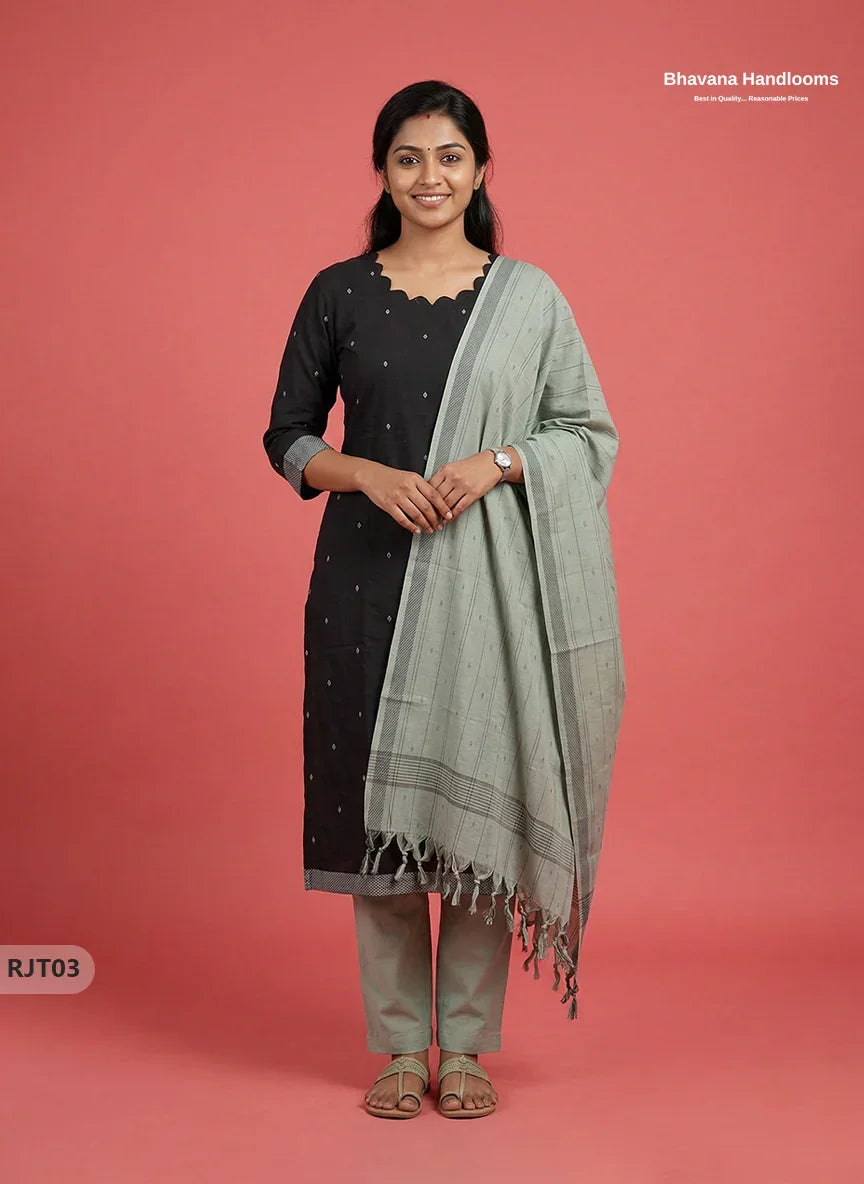 Premium Handloom Woveen 3PC Kurti Set with Handloom Dupatta | Black Colour Ethnic Wear