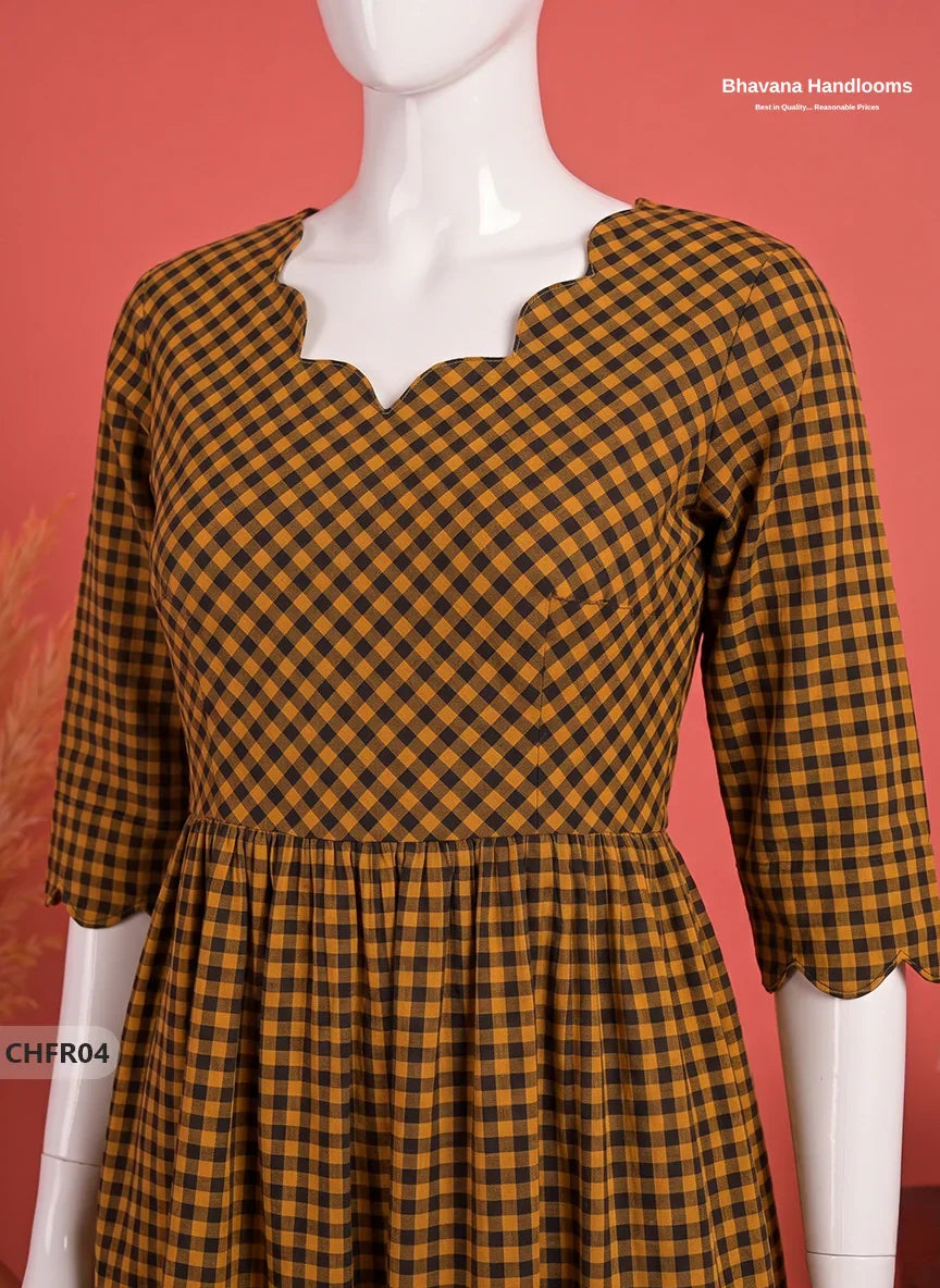 Mangalagiri Cotton Frock in Ochre & Black Checks with Stylish Neck Cut Work | Soft & Comfortable