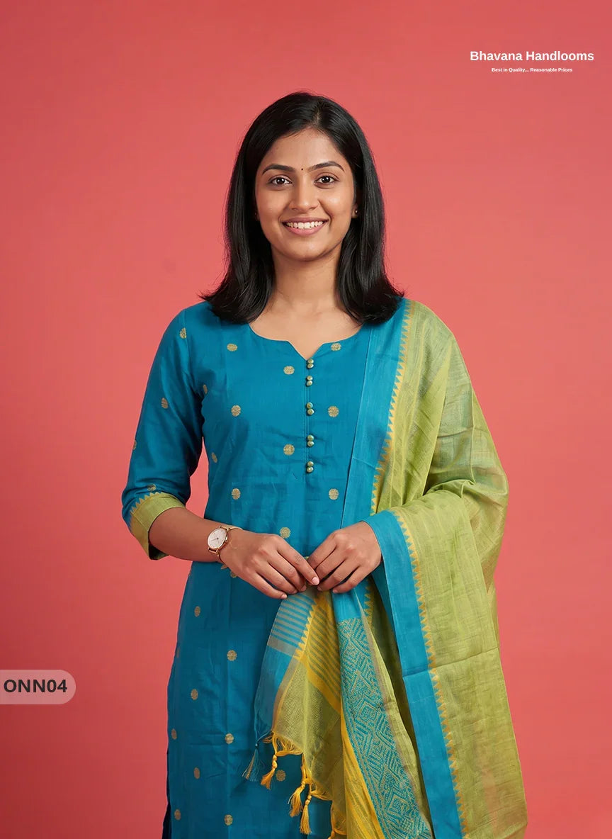 Mangalagiri Premium Cotton 3PC Set with Full-Length Lining & Elastic Pocket Bottom – Sky Blue colour