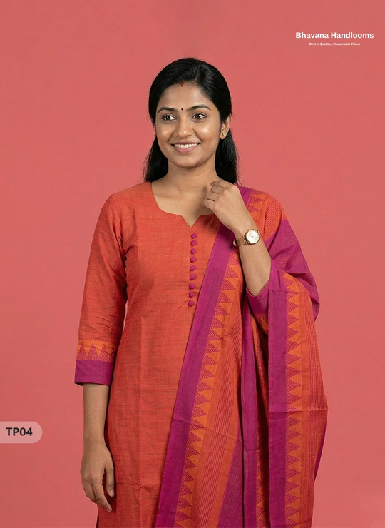 Mangalagiri Cotton Kurti Set with Full-Length Lining & Elastic Pocket Bottom – Orange & Purple Double Weave