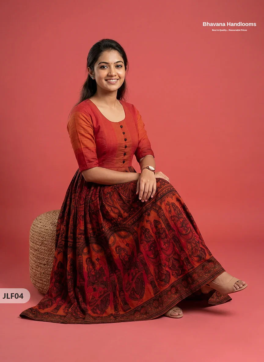 Traditional Handloom Frock with Ramayanam Design Prints in Multi Colour Shades | Vermilion Orange Colour