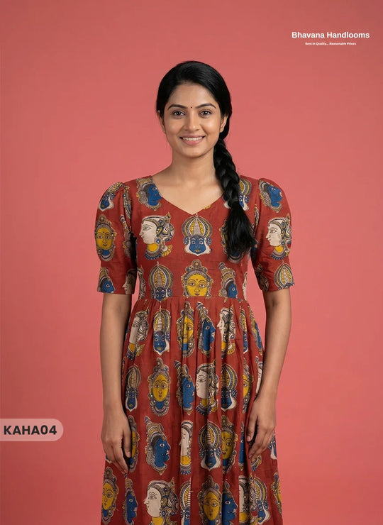 Kathakali Design Kalamkari Frock – Red Colour with Half Lining