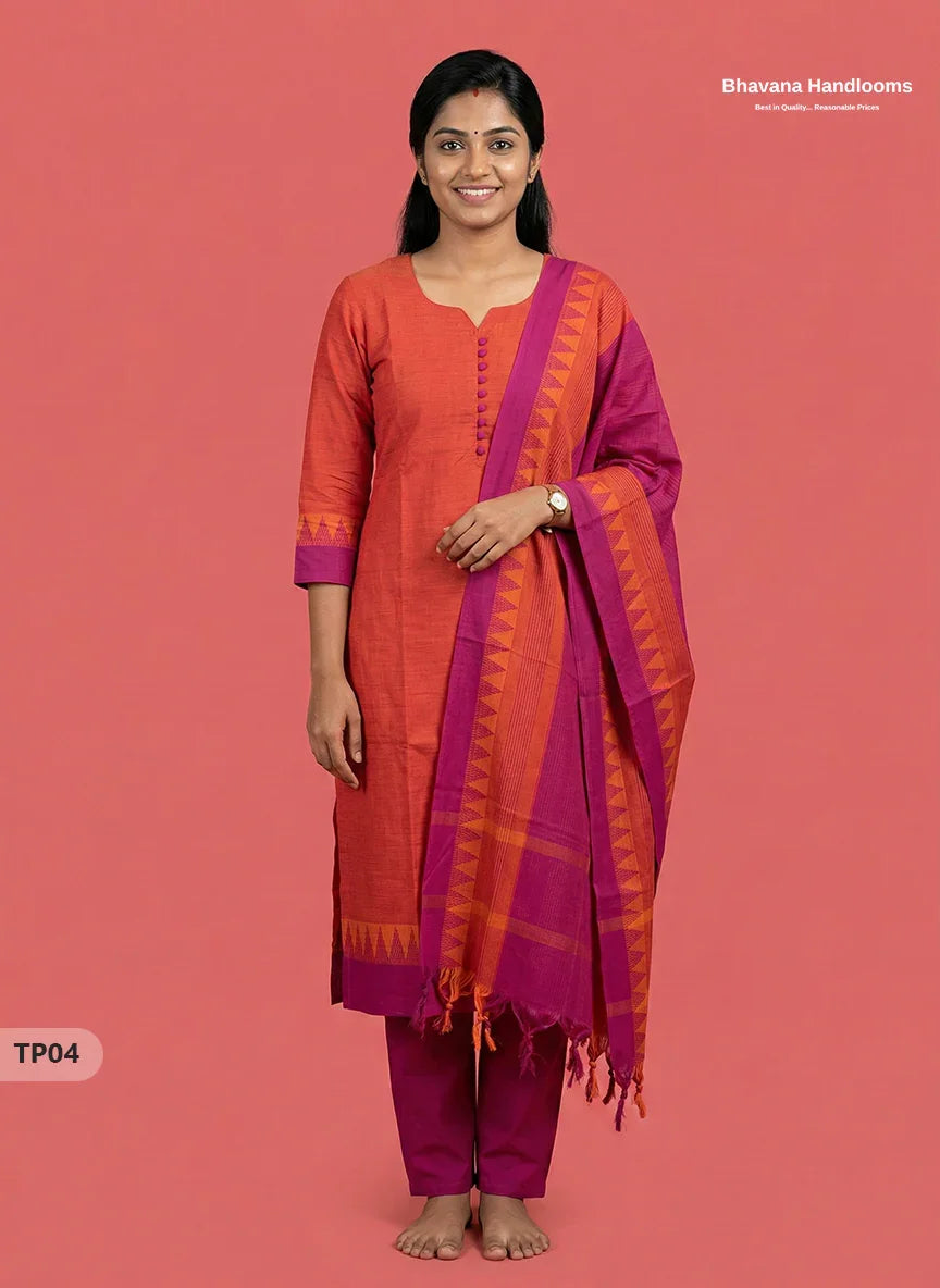 Mangalagiri Cotton Kurti Set with Full-Length Lining & Elastic Pocket Bottom – Orange & Purple Double Weave