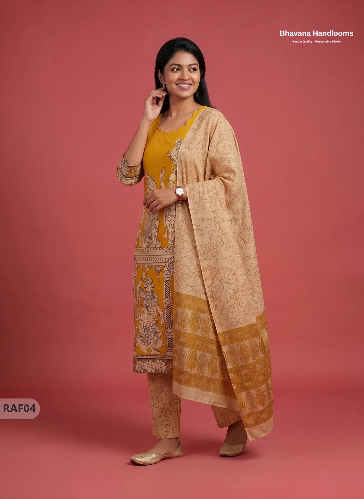 Premium Kalamkari Ramayanam Design 3PC Kurti Set with Elastic Bottom | Mustard Yellow Ethnic Wear