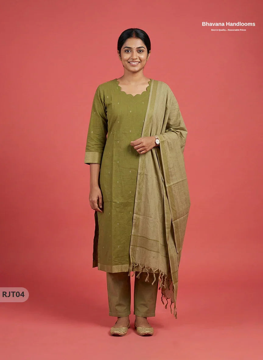 Premium Handloom Woveen 3PC Kurti Set with Handloom Dupatta | Olive Green Colour Ethnic Wear
