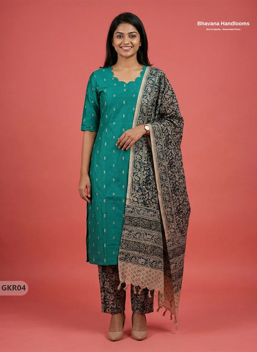 Raw Silk 3PC Kurti Set with Kalamkari Dupatta & Elastic Bottom in Sea Green Colour | Ethnic Wear