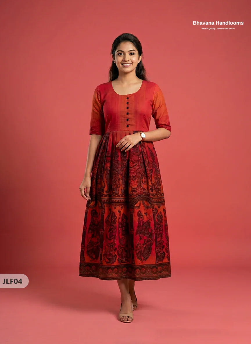 Traditional Handloom Frock with Ramayanam Design Prints in Multi Colour Shades | Vermilion Orange Colour