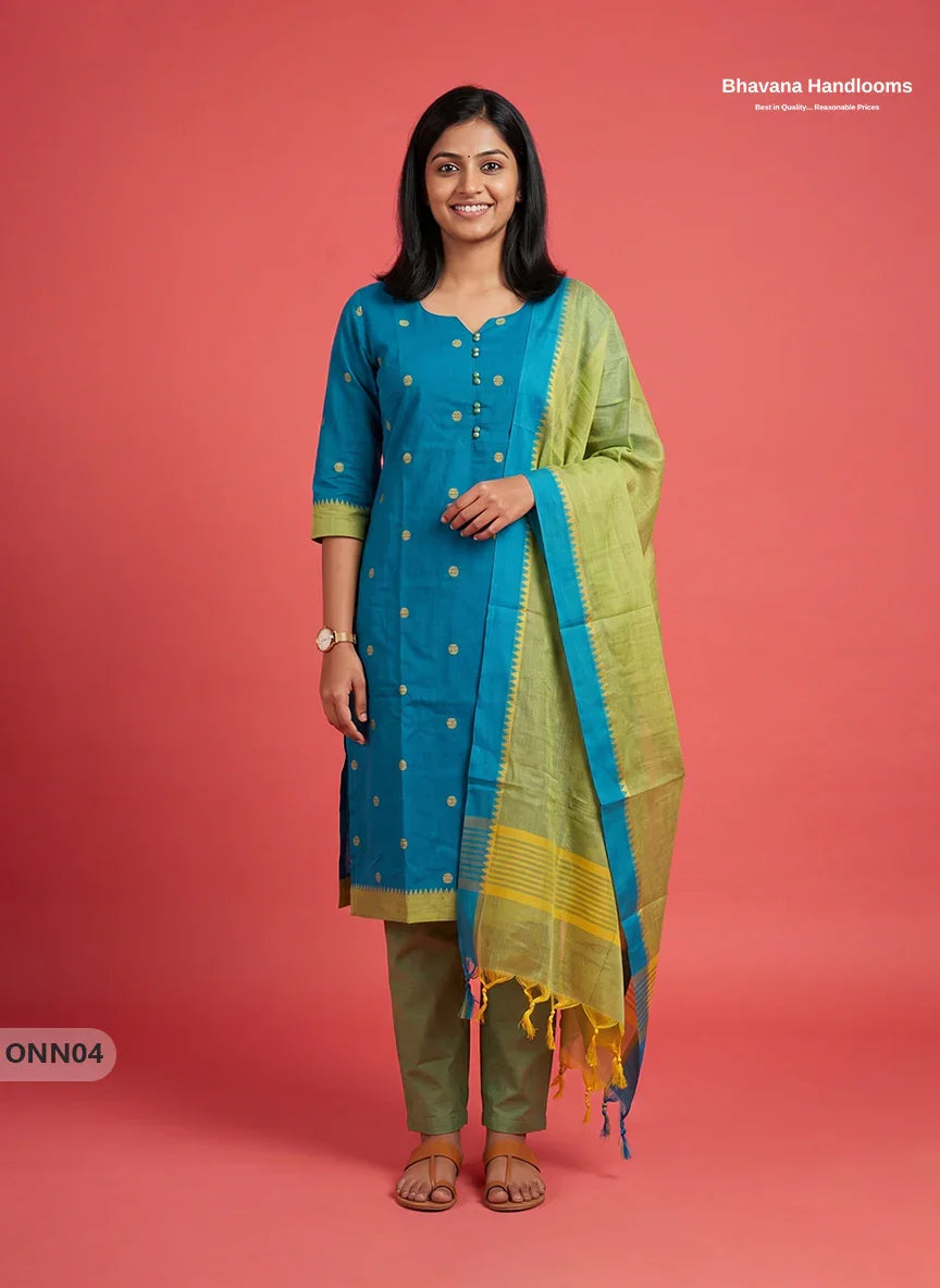 Mangalagiri Premium Cotton 3PC Set with Full-Length Lining & Elastic Pocket Bottom – Sky Blue colour
