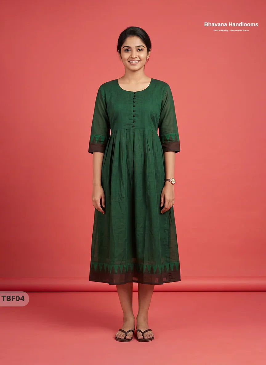 Premium Mangalagiri Temple Border Frock with Potli Balls | Deep bottle green Colour | Half Lining