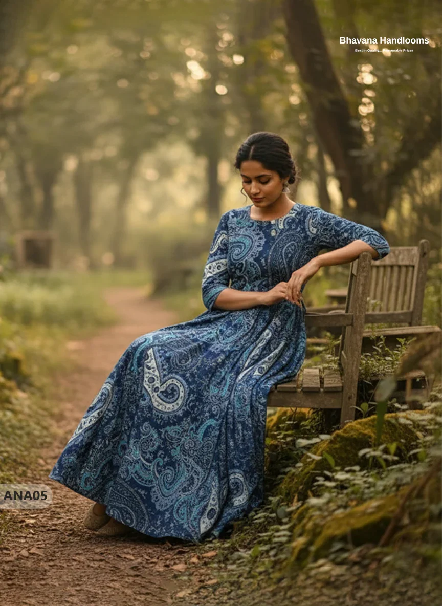 Blue Floral Long Anarkali Frock – Umbrella Flair Design