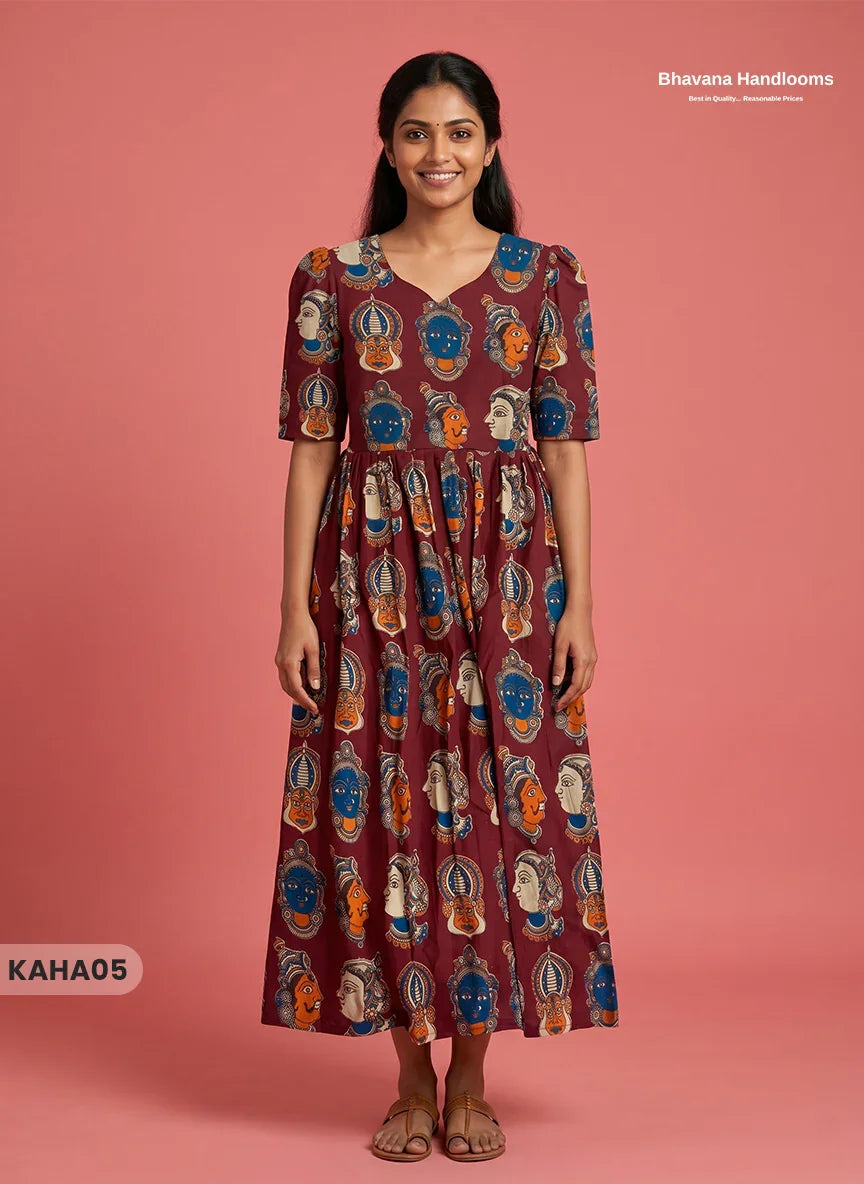 Kathakali Design Kalamkari Frock – Dark Wine Colour with Half Lining