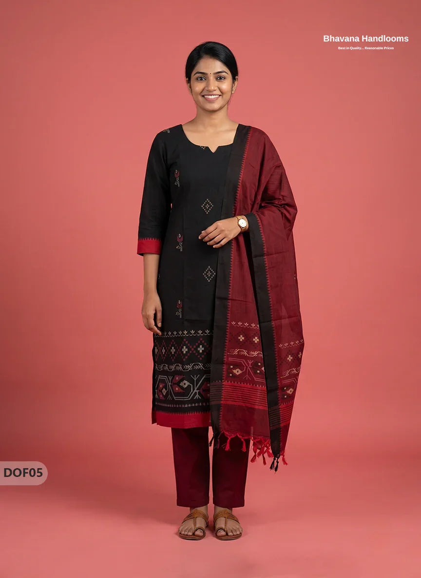 Mangalagiri Handloom Printed Cotton Kurti Set Black Colour with Elastic Bottom | Ready-to-Wear Ethnic Wear