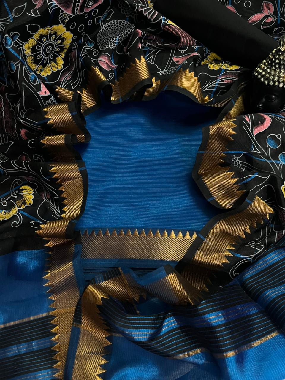 Mangalagiri Semi Pattu Dress Material with Zari Border – Blue Colour