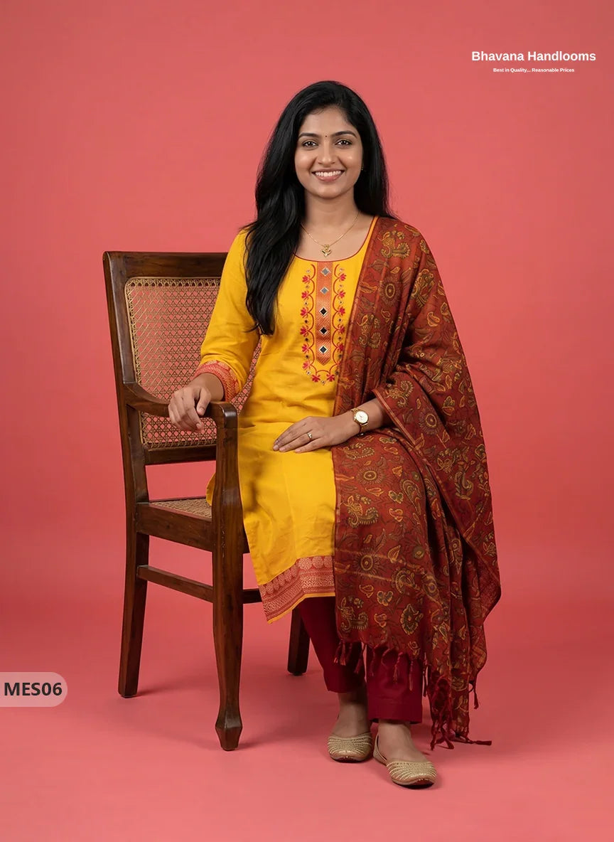 Premium Mangalagiri Kurti Set with Embroidery Design, Threads Bottom & Printed Dupatta – Yellow Colour