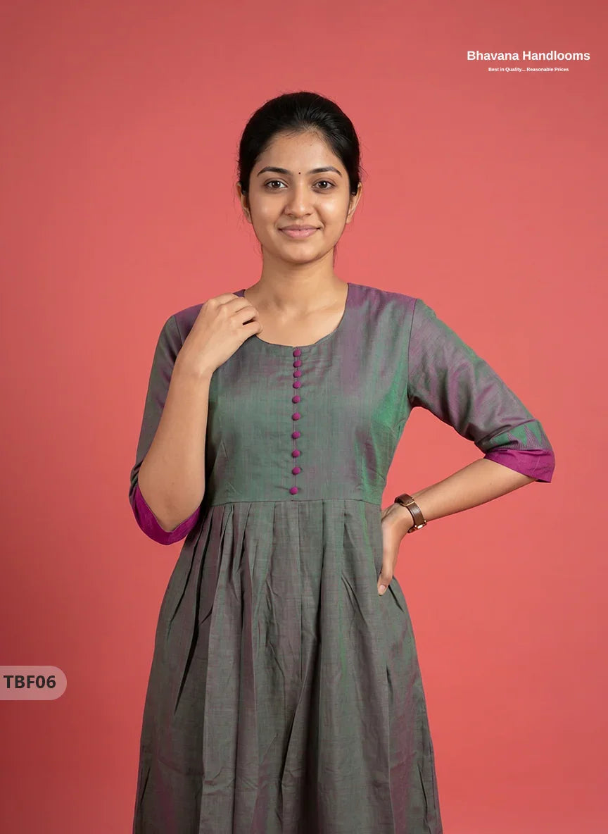 Premium Mangalagiri Temple Border Frock with Potli Balls | Smoky Olive Grey Colour | Half Lining