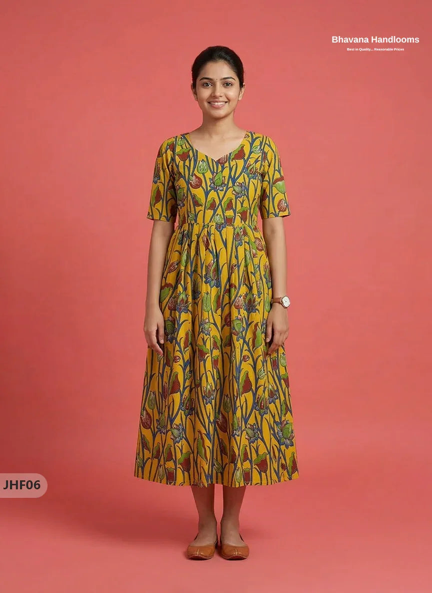 Kalamkari Design Frock – Yellow Colour | Handloom Ethnic Wear with Half Lining