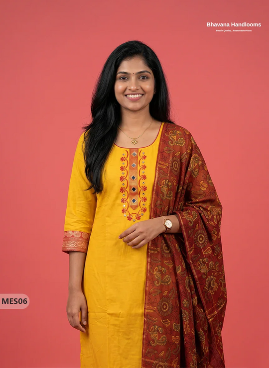 Premium Mangalagiri Kurti Set with Embroidery Design, Threads Bottom & Printed Dupatta – Yellow Colour