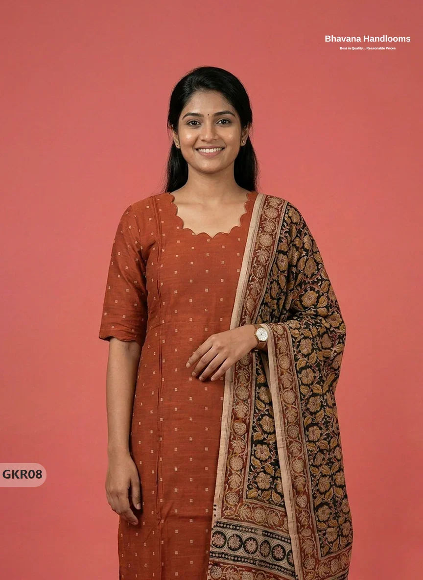 Raw Silk 3PC Kurti Set with Kalamkari Dupatta & Elastic Bottom in Orange Colour | Ethnic Wear
