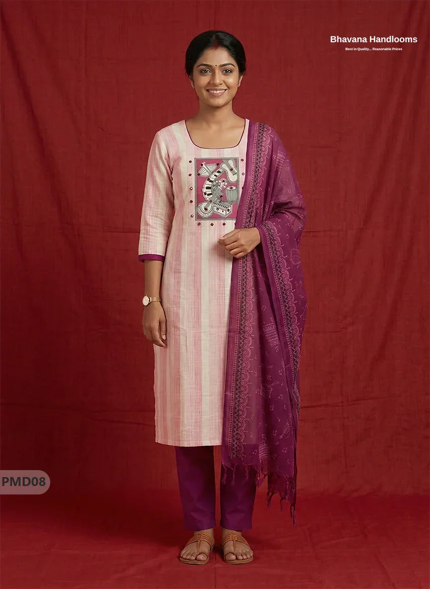 Stylish Cotton 3PC Kurti Set with Pink & Off-White Stripes, Musical Panel Design | Purple Dupatta