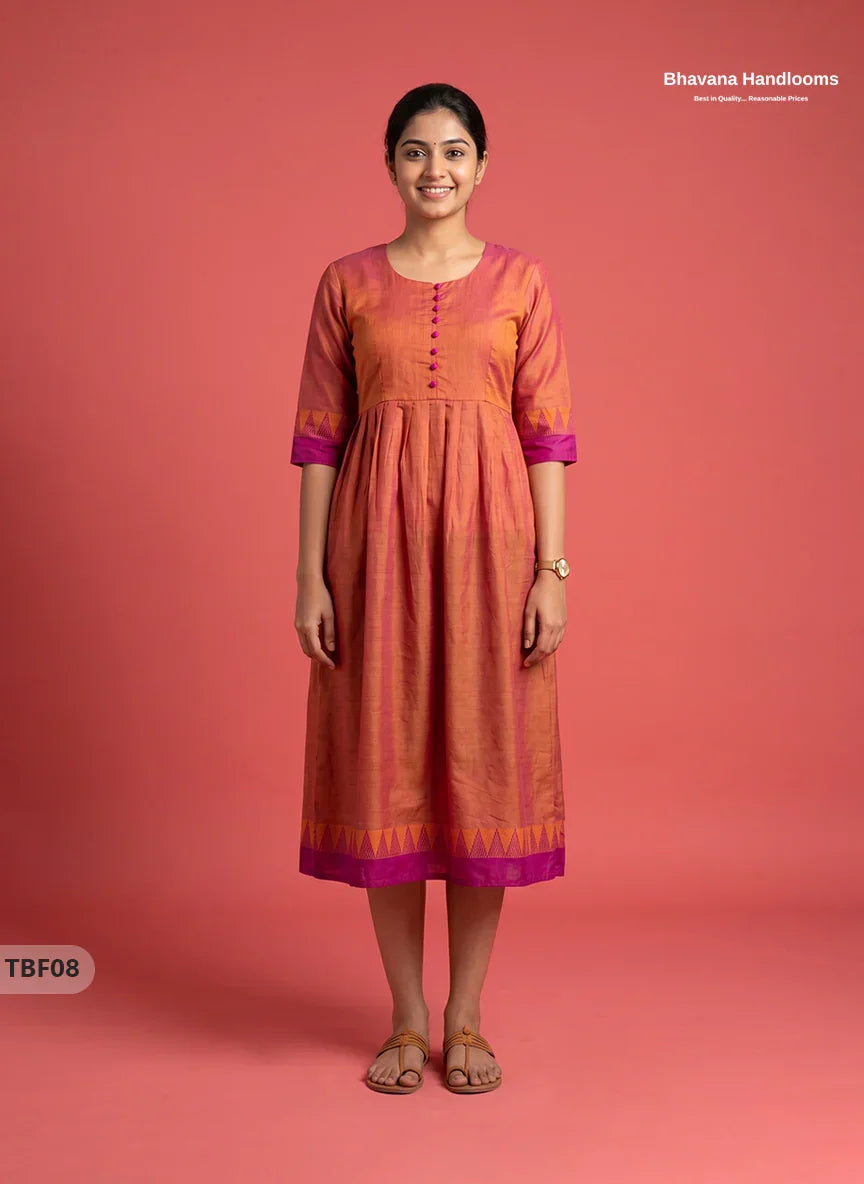 Premium Mangalagiri Temple Border Frock with Potli Balls | Peach-orange with pink Colour | Half Lining