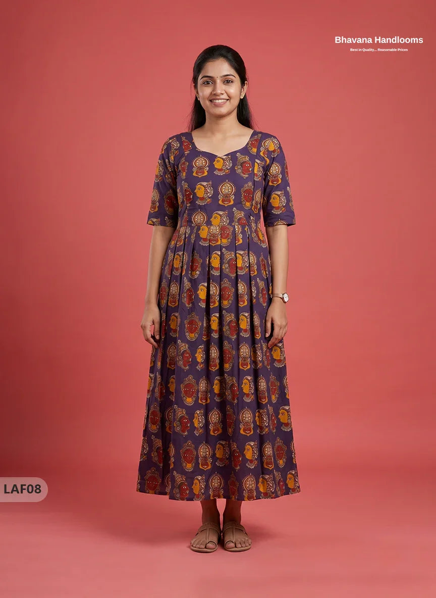 Feeding Frock with Kalamkari Design – Violet Color | Invisible Zips | Half Lining Maternity Wear