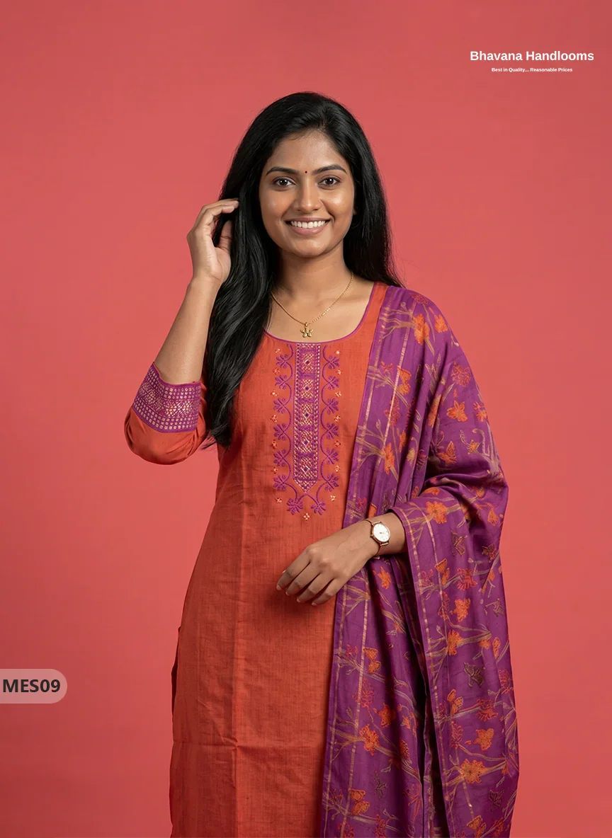 Premium Mangalagiri Kurti Set with Embroidery Design, Threads Bottom & Printed Dupatta ā Pink & Orange Double Wevan