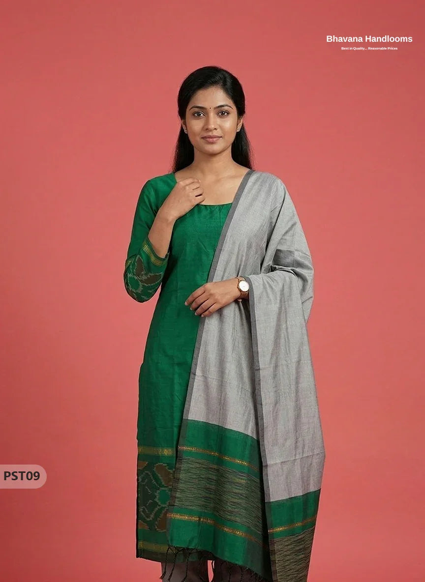 Pochampally Semi Pattu 3PC Kurti Set in Dark Green Colour | Ready-to-Wear Ethnic Wear