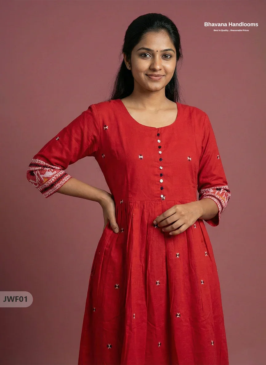 Exclusive Premium Jacquard Woven Frock in Red | 120 Count Fabric | Limited Edition