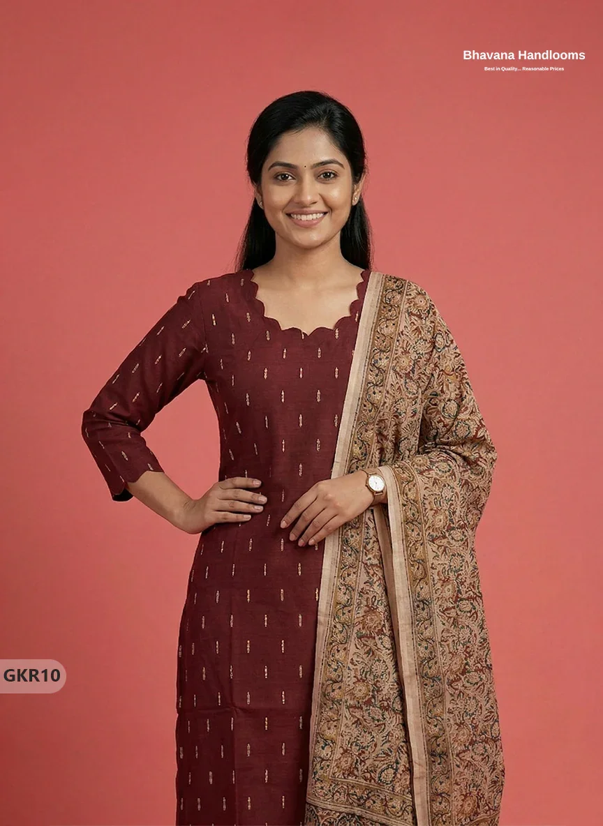 Raw Silk 3PC Kurti Set with Kalamkari Dupatta & Elastic Bottom in Maroon Colour | Ethnic Wear