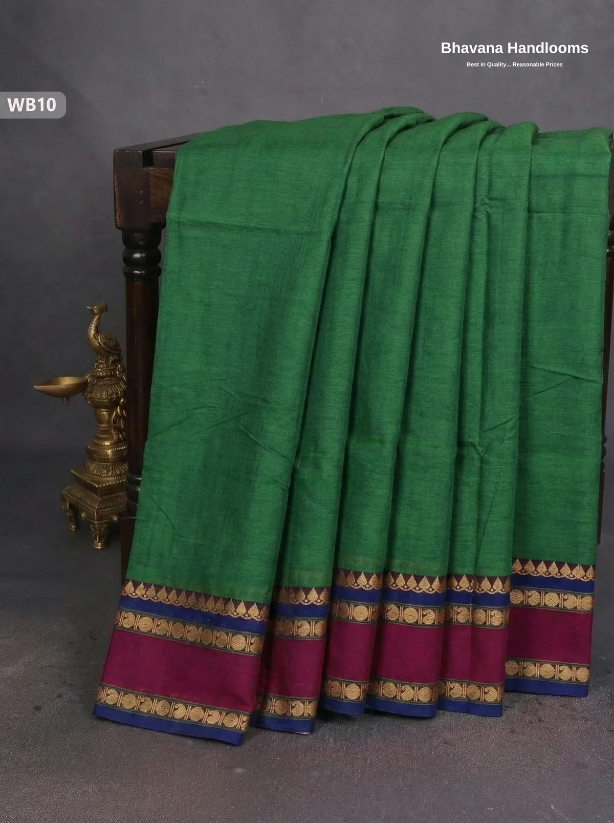 Authentic Kanchi Cotton Handloom Saree – Green Colour (Without Blouse)