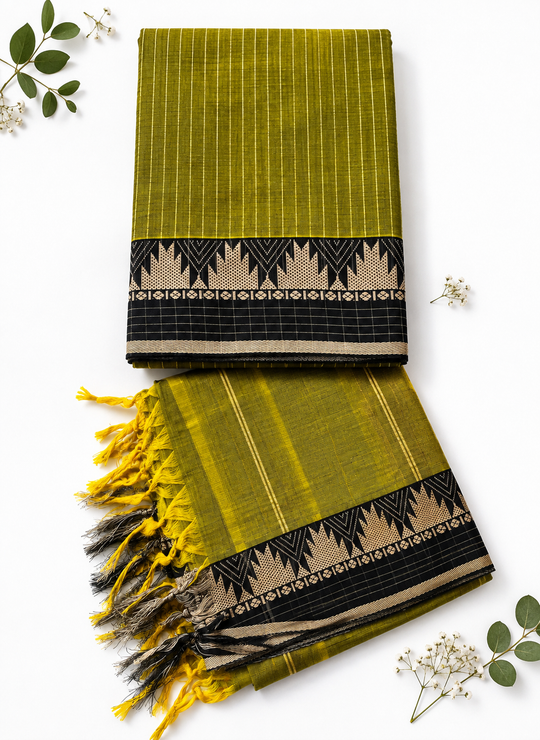 Traditional Wear Narayanpet Mercerised Cotton Dress Material with Olive Green Color | Woven Border