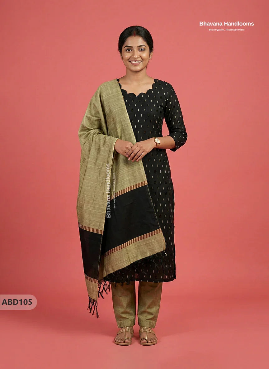 Raw Silk 3-Piece Kurti Set with Cut Work Neck Design in Black Colour | Full-Length Lined Kurti with Gold Dupatta