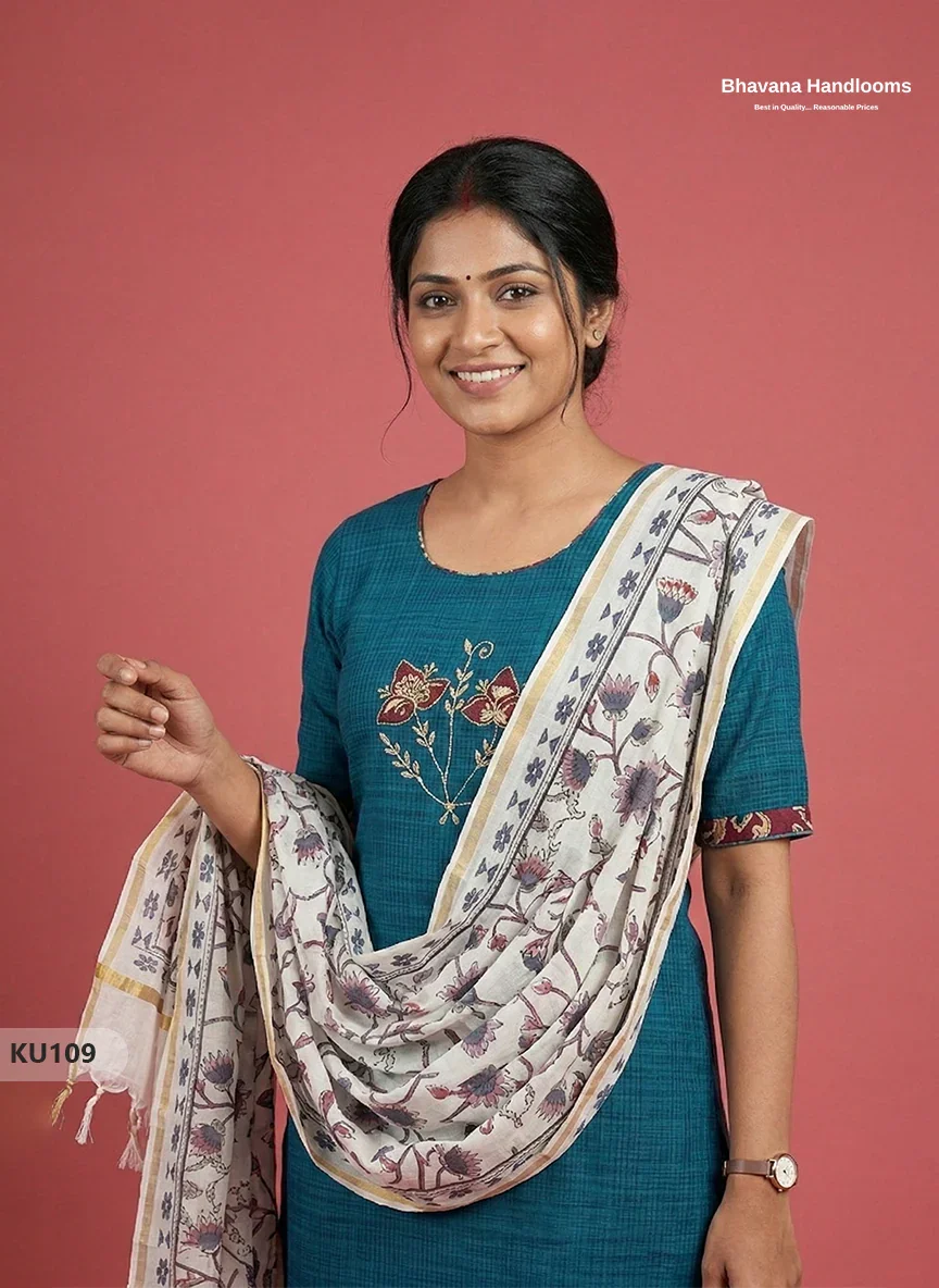 Embroidered Kurti Set (3PC) with Sea Blue | Full Length Lining | Traditional Style